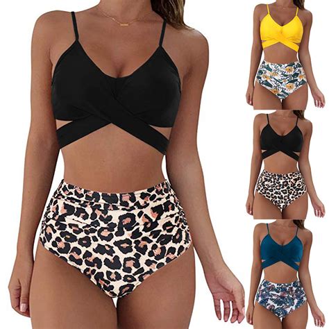 Leopard Print Crossover High Waist Swimsuit Two Piece Bikini China Fitness Swimwear And