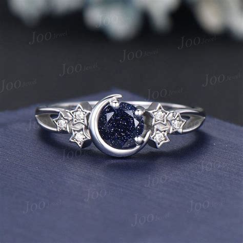 Crescent Moon Star Galaxy Blue Goldstone Wedding Ring Vintage White