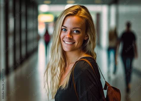 Smiling Blonde College Student Looking At The Camera At The University Corridors Generative AI