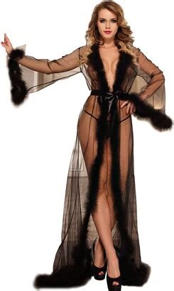 Ohyeahlady Women Sexy Lingerie Robe See Through Nightwear Set With Tong Long Mesh Lace Dress