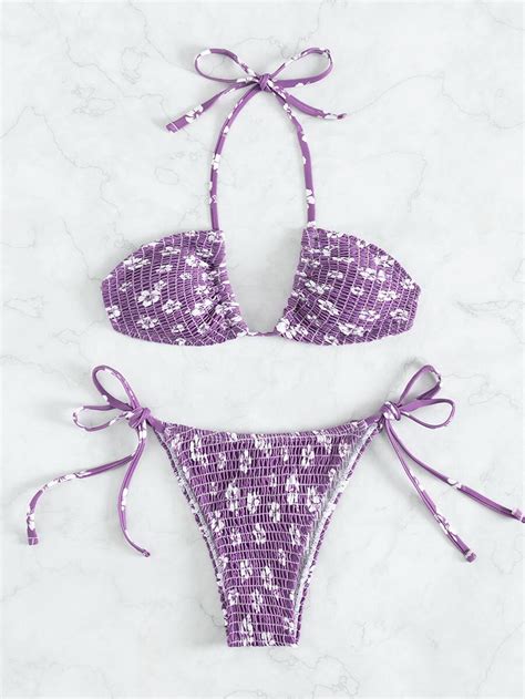 SHEIN Swim Vcay Ditsy Floral Print Bikini Set Smocked Halter Bra Thong Bottom 2 Piece Bathing