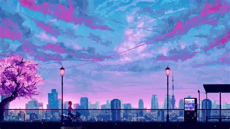 Blue And Pink Sky City Live Wallpaper WallpaperWaifu Fond d écran