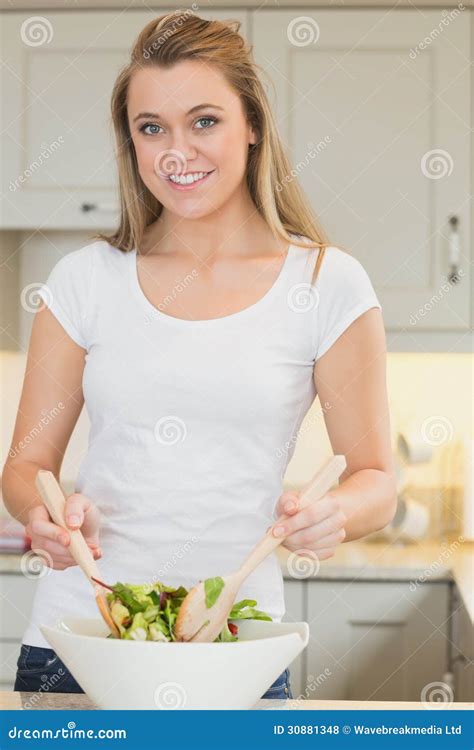Woman Tossing Salad Stock Photo Image Of Holding Blonde