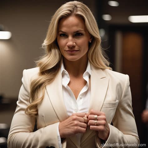 A Female Body Builder With Long Blonde Hair In A Cream Colored Business Suit With A White Shirt
