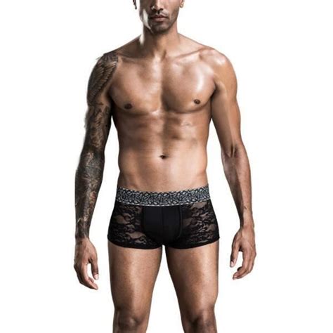 Lingerie sexy homme Boxer en dentelle transparente à lacets en maille à broderie florale noir