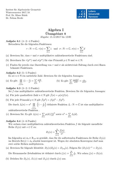 Algebra Blatt 8 Institut für Algebraische Geometrie Wintersemester