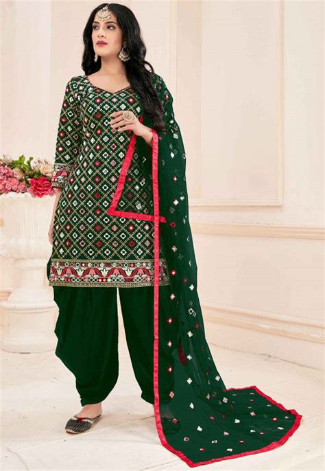 Buy Embroidered Cotton Punjabi Suit In Dark Green Online Kch