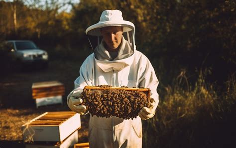 Premium Photo Beekeeper In Protective Workwear Holding Honeycomb Outdoors