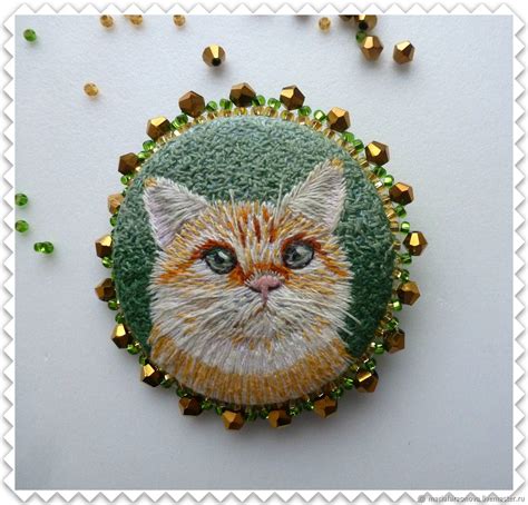 Брошь "Рыжий котик" с вышивкой гладью – заказать на Ярмарке Мастеров ...