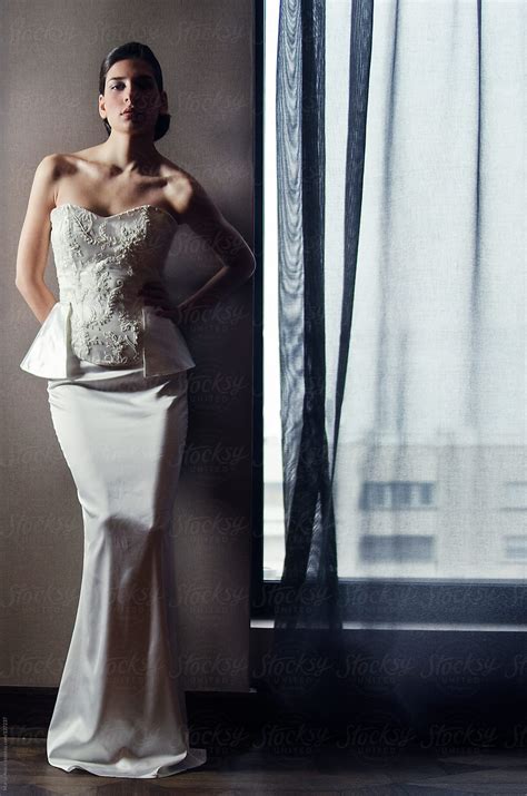 Beautiful Brunette Bride In White Wedding Dress Indoor By Stocksy Contributor Marija Anicic