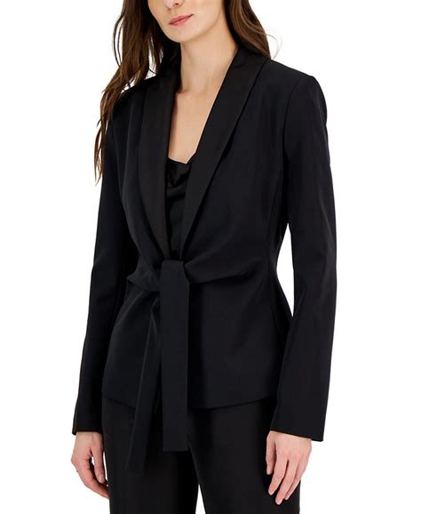 Donna Karan Womens Solid Color Shawl Collar Tie Front Jacket Macys