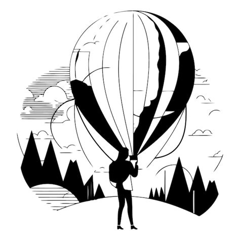 Hombre Volando En Globo De Aire Caliente En Estilo Plano Vector Premium