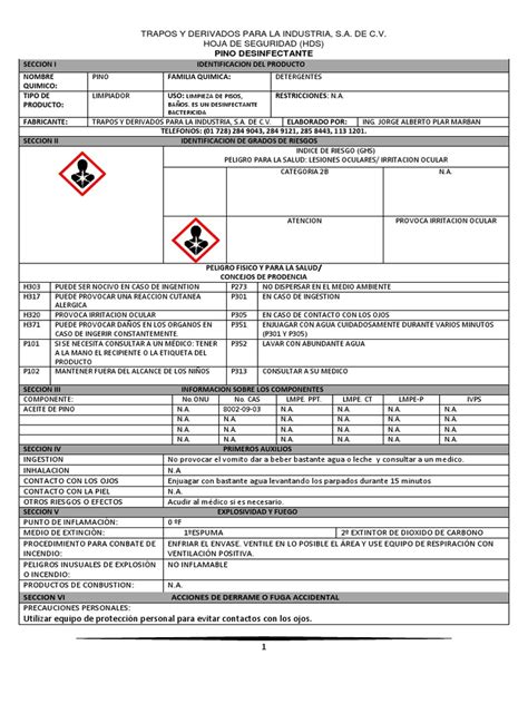 Hoja de Seguridad Pino Desinfectante | PDF | Agua | Sodio