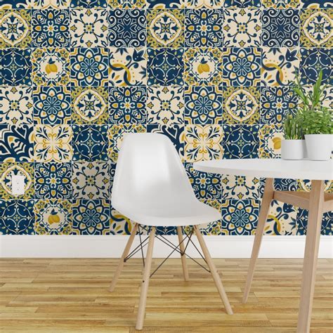 Pre Pasted Wallpaper 2FT Wide Yellow Tiles Lemons Cheater Quilt Italian