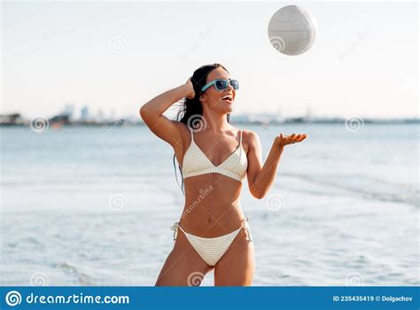 Woman In Bikini Playing With Volleyball On Beach Stock Image Image Of