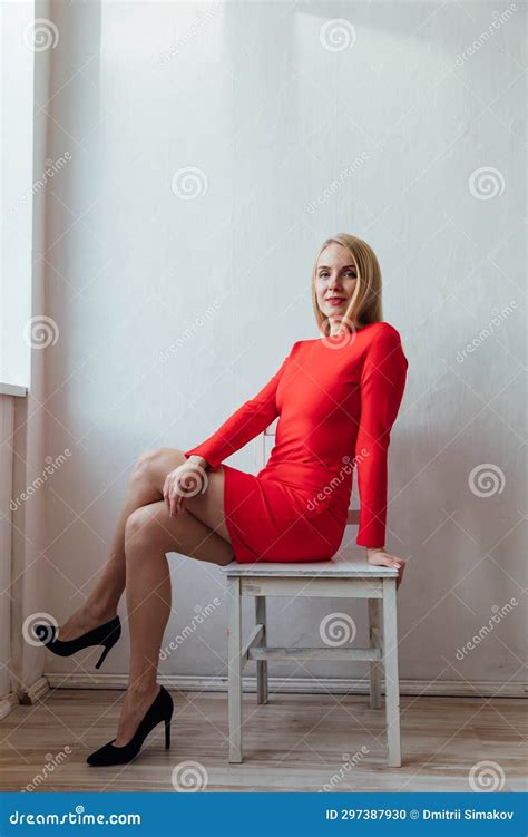 Beautiful Slender Blonde Woman In Red Dress Stock Photo Image Of Elegance Confidence