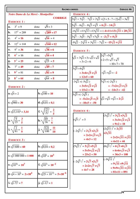 D Finition De La Racine Carr E Et Calculs Simples Corrig S D