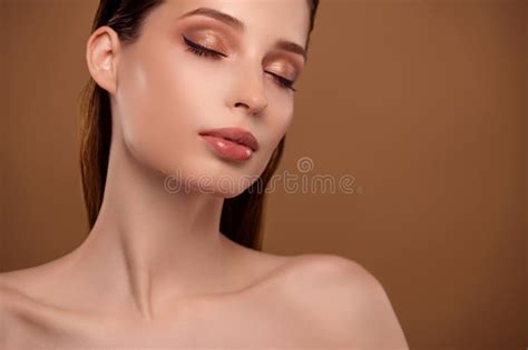 Photo Of Seductive Dreamy Lady Naked Shoulders Closed Eyes Empty Space Isolated Brown Color