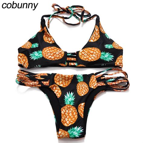 Cobunny Pineapple Print Brazilian Bikini Set Retro String Halter Swimsuits Thong Biquini Women