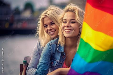 Beautiful Generative Ai Lesbian Couple In A Boat In Amsterdam Celebrating Lgbtq Pride With
