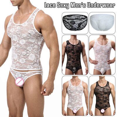 Pcs Mens Sexy Lingerie Lace Sheer Tank Tops Vests Boxer Briefs Set Bodysuits EBay