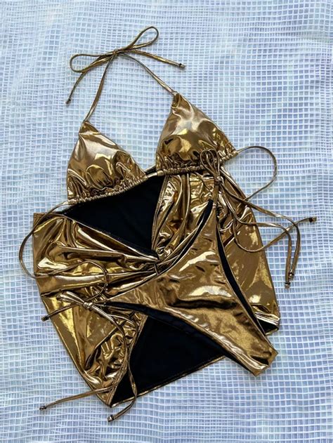 Metallic Three Piece Bikini Gold Sexy Pack Triangle Package Swimwear Buy Metallic Bikini