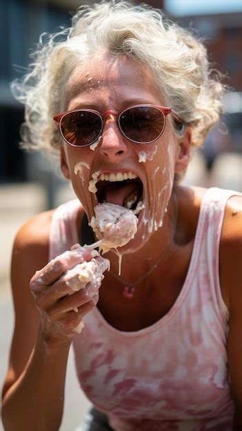 Premium Photo A Woman Eats Melting Ice Cream And Licks Her Fingers On A Hot Summer Day