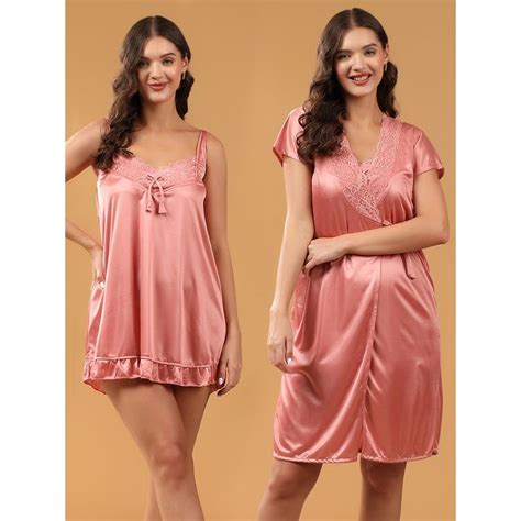 Buy BRACHY Bridal Peach Satin Lace Lingerie Babydoll With Robe Set Of 2 Online