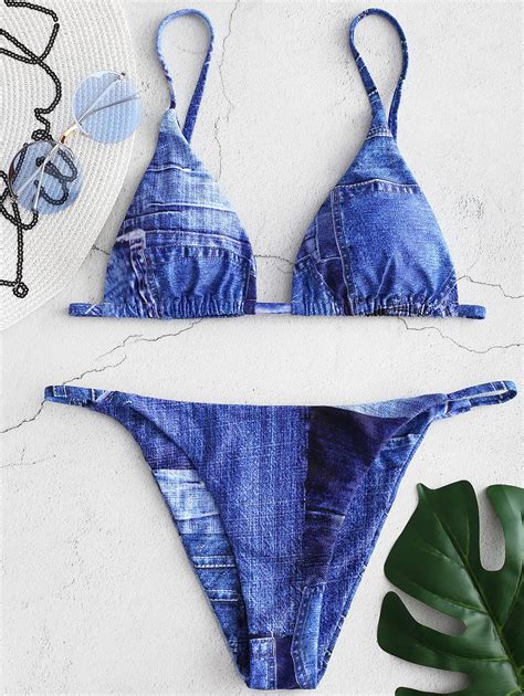 Belleziva Denim Print Padded Bikini Set Strappy Beachwear Casual Summer