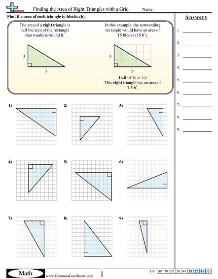 Area And Perimeter Worksheets Finding The Area Of Right Triangles With