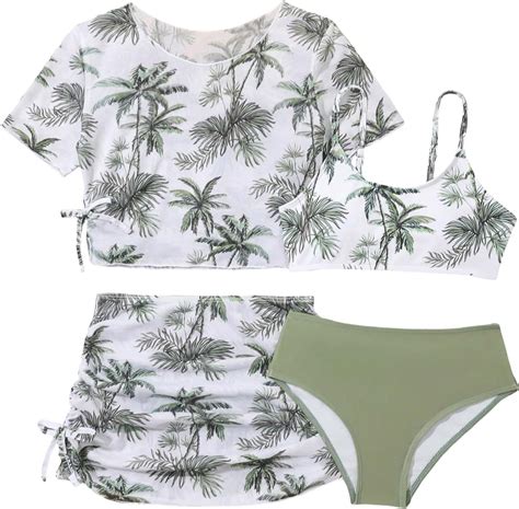 Amazon Oyoangle Girl S Piece Swimsuit Tropical Print Scoop Neck Cami Bikini Sets With