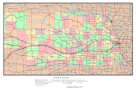 Large detailed administrative map of Nebraska state with roads ...