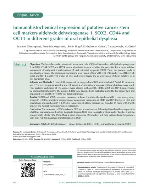 Pdf Immunohistochemical Expression Of Putative Cancer Stem Cell