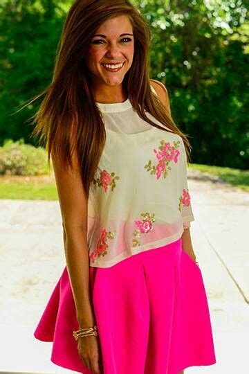 Cute Summer Outfit Loose And Flowy White And Pink Floral Tank Top And Hot Pink Mini Skirt