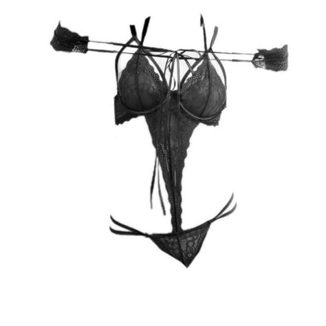 L Lingerie Teddy Hitam Transparan Bra Kawat Open Cup Pengait Baris Tali Ikat Tangan