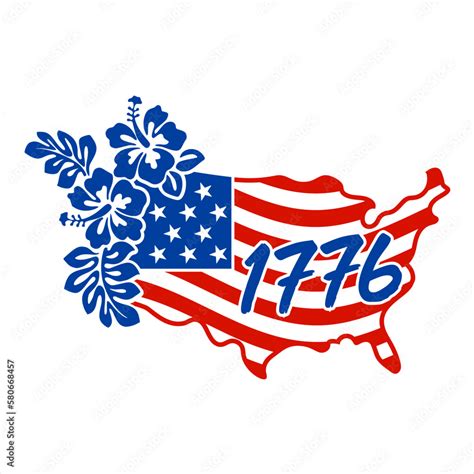 USA map 1776 as american flag with flowers. Celebration of 4th of July ...