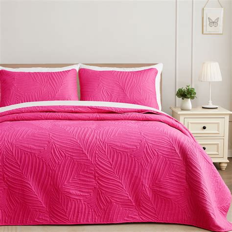 Exclusivo Mezcla Lightweight Full Queen Quilt Set Hot Pink Leaf Pattern 1 Quilt 2 Shams