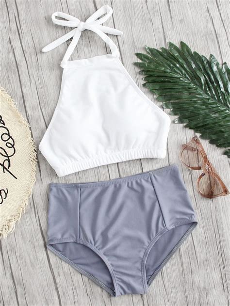 Set De Bikini De Cuello Alto Spanish ROMWE High Neck Bikinis Cute Bathing Suits Trendy