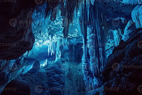 Large beautiful sharp stalactites hanging down from deep mountain cave