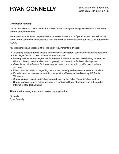 Incident Manager Cover Letter | Velvet Jobs