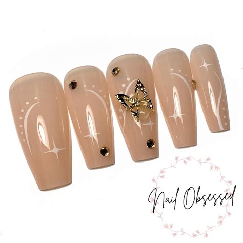 Gold Nude Butterfly Press On Nails Coffin False Nails Fake Nails Luxury