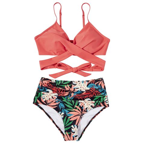 SUUKSESS Women High Waisted Bikini Criss Cross Swimsuits Push Up Bathing Suits XS Coral Pink