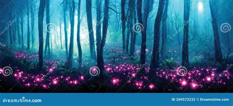 Fantasy Illustration of Magical Fairy Tale Forest with Pink Fireflies ...