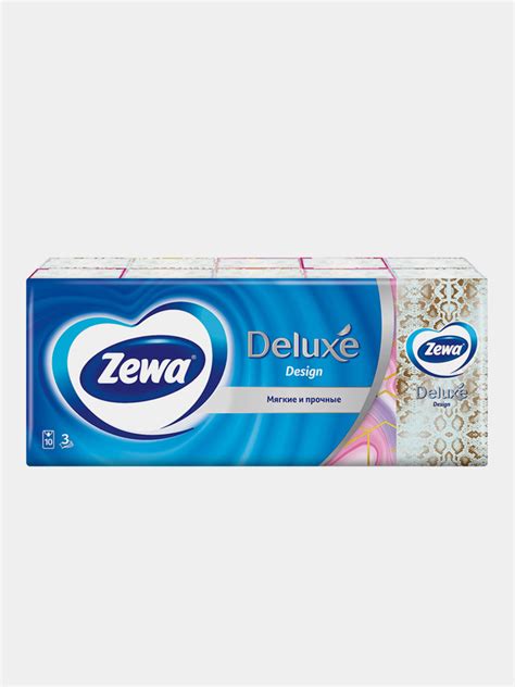 Платочки бумажные носовые Zewa Deluxe Design, 3 слоя, 10 штук Х 10 ...