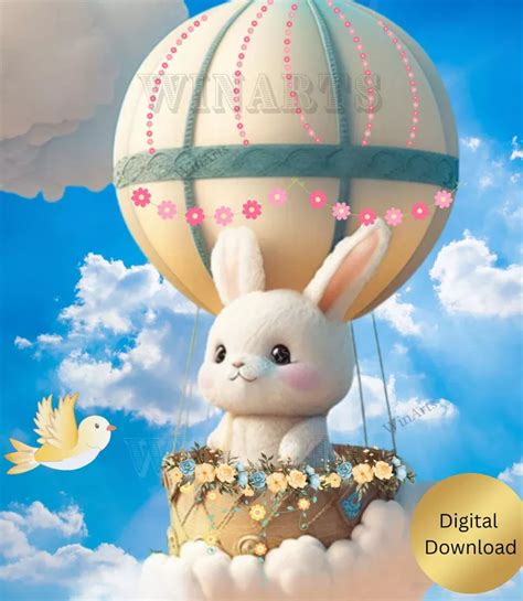 Cute Rabbit In Hot Air Balloon Clipart Whimsical Nursery Print