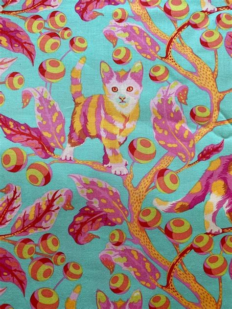 Sale Rare Tula Pink Tabby Road Disco Kitty In Strawberry Etsy