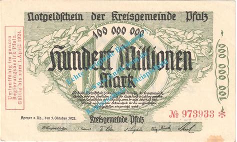 Inflation DE 100 Mio Mk Speyer Notgeld 100 Millionen Mark Schein In