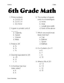Math Worksheets For Middle School Quiz Sheet