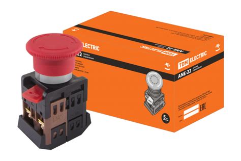 Кнопка AE-22 "Грибок" с фиксацией красный d22мм 230В 1з+1р TDM код ...
