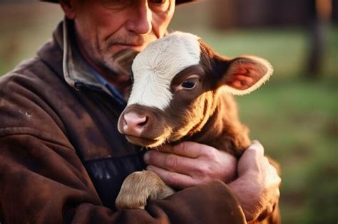 Premium Ai Image A Farmer Holds A Newborn Calf In His Arms Animal